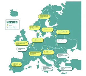 Bản đồ mạng lưới HEROES European Universities Alliance tại châu Âu với Thomas More University of Applied Sciences và các trường đối tác
